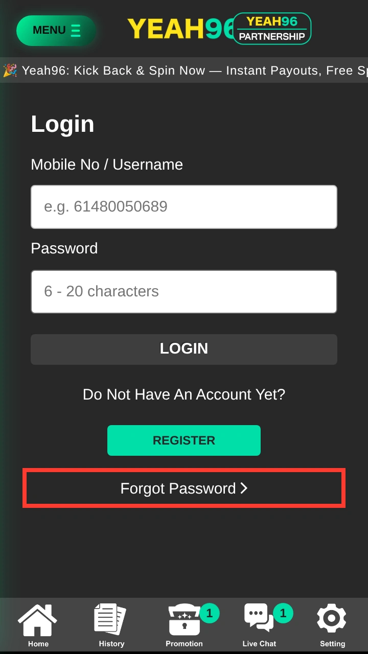 Yeah96 login screen with the Forgot Password link highlighted