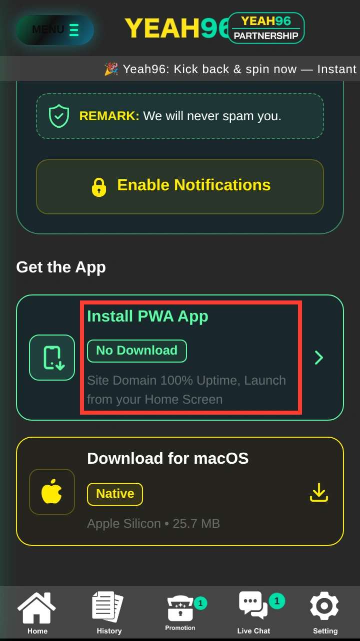 Get the App section on the Yeah96 site with the Install PWA App card