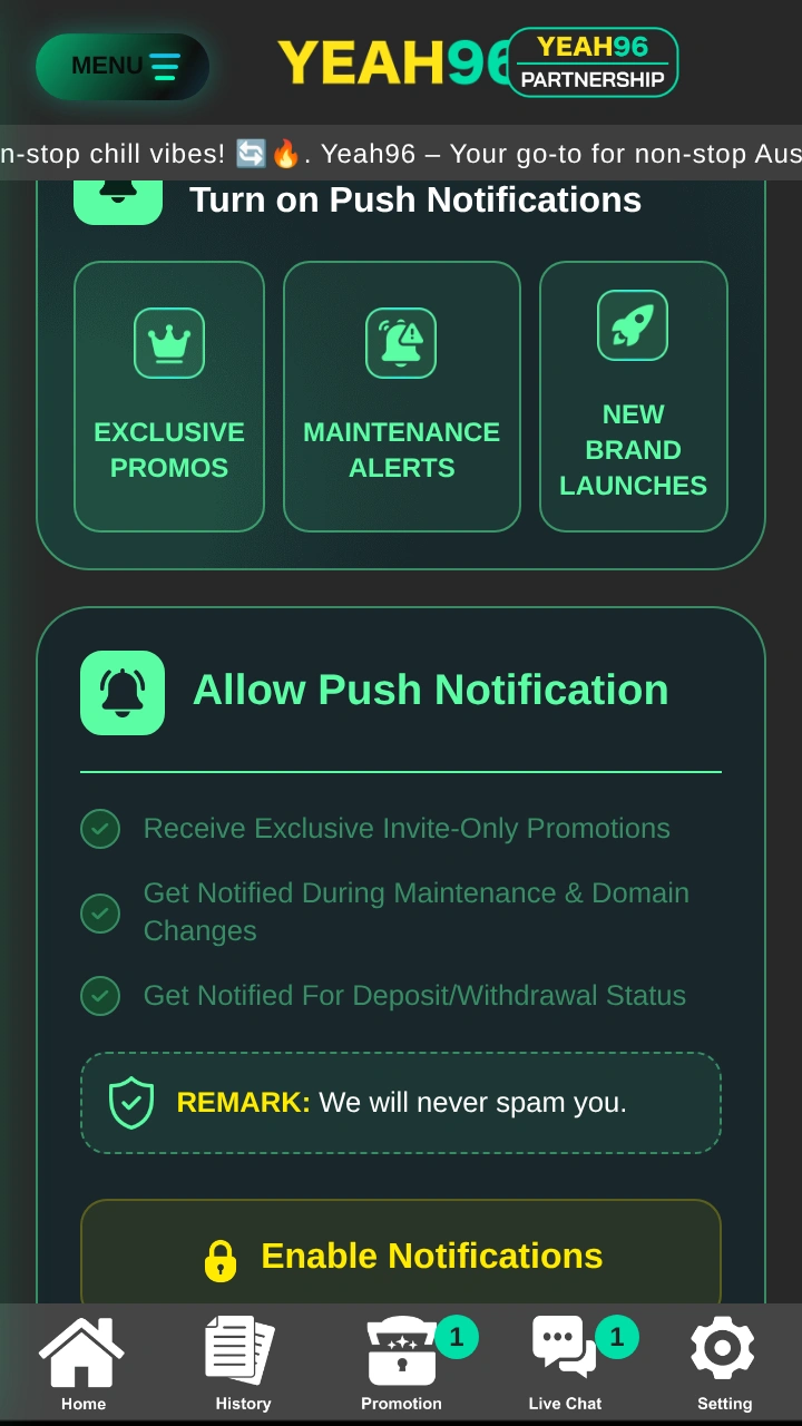 Turn on Push Notifications section with the Enable Notifications button