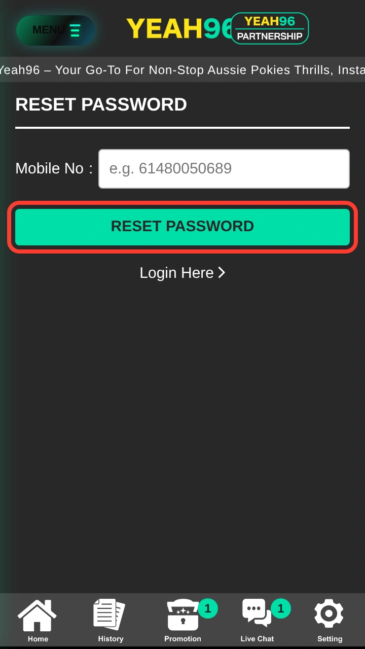 Yeah96 Reset Password screen with the RESET PASSWORD button highlighted