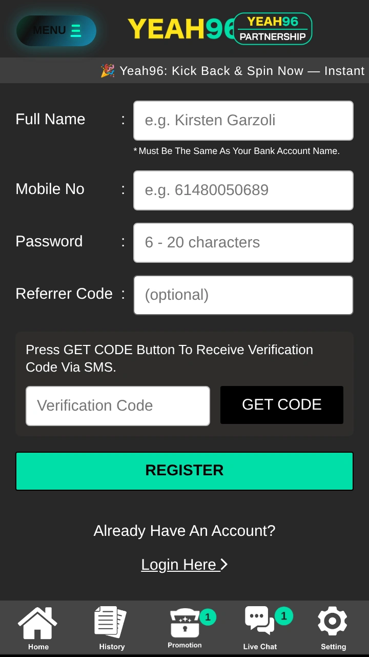 Yeah96 registration form with Full Name, Mobile No, Password and Referrer Code