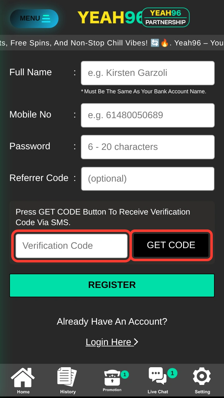 Verification Code field and GET CODE button highlighted in red