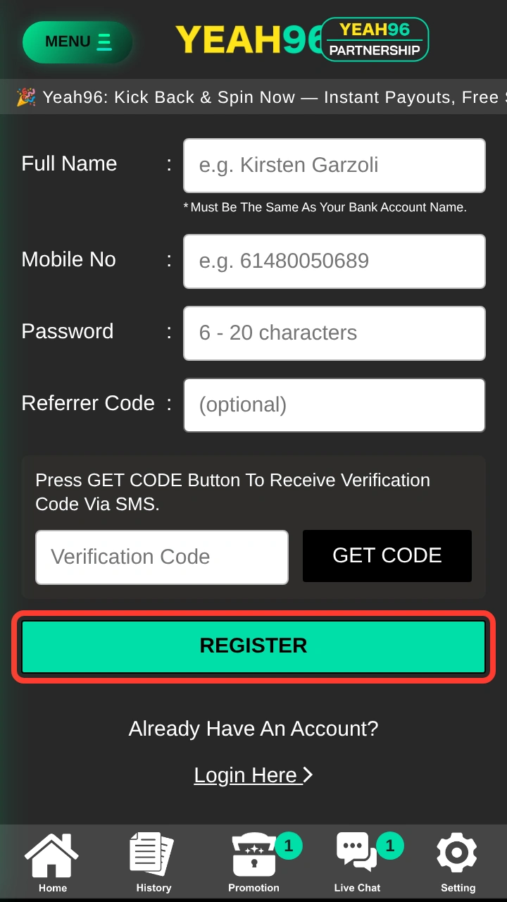REGISTER button highlighted in red on the Yeah96 registration form
