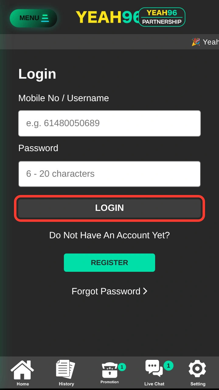 Yeah96 login screen with the LOGIN button highlighted in red